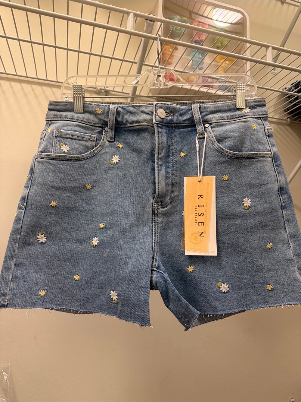 Risen Embroidered Daisy Light Blue Jean Shorts